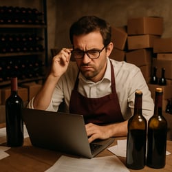 photographic Dans une cave moderne et lgrement dsordonne un sommelier visiblement perplexe est assis  une table en bois Des papiers sont parpills auto