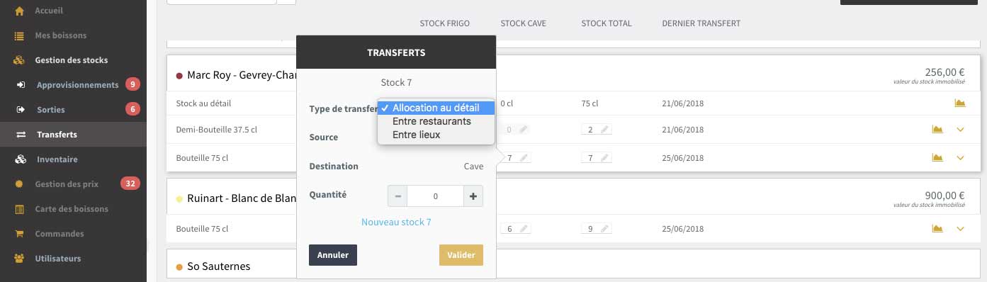 Gestion des stocks - Transfert de stocks depuis la plateforme SOMM'IT